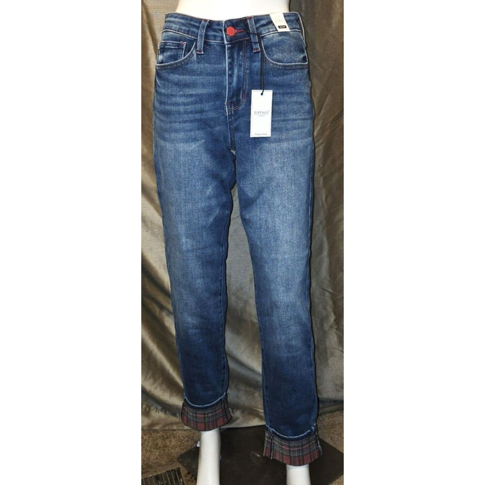 NWT Judy Blue Plaid Cuffed Boyfriend Jeans Size 3 | Style JB88877 MD